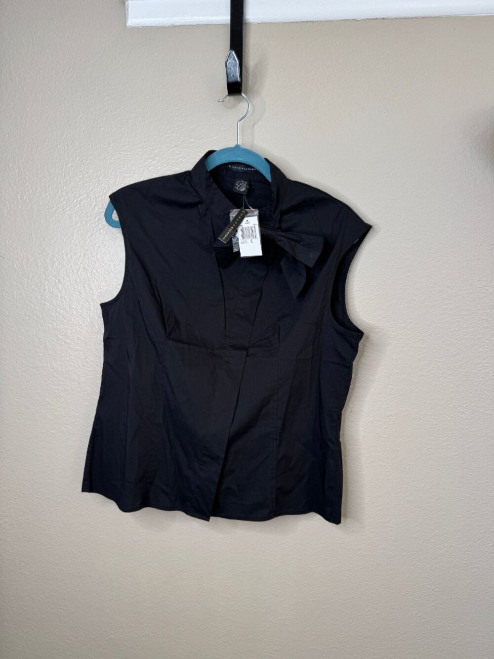 Grace Elements Womens Black Sleeveless Bow Tie Top 12 Cotton Blend Tailored NEW